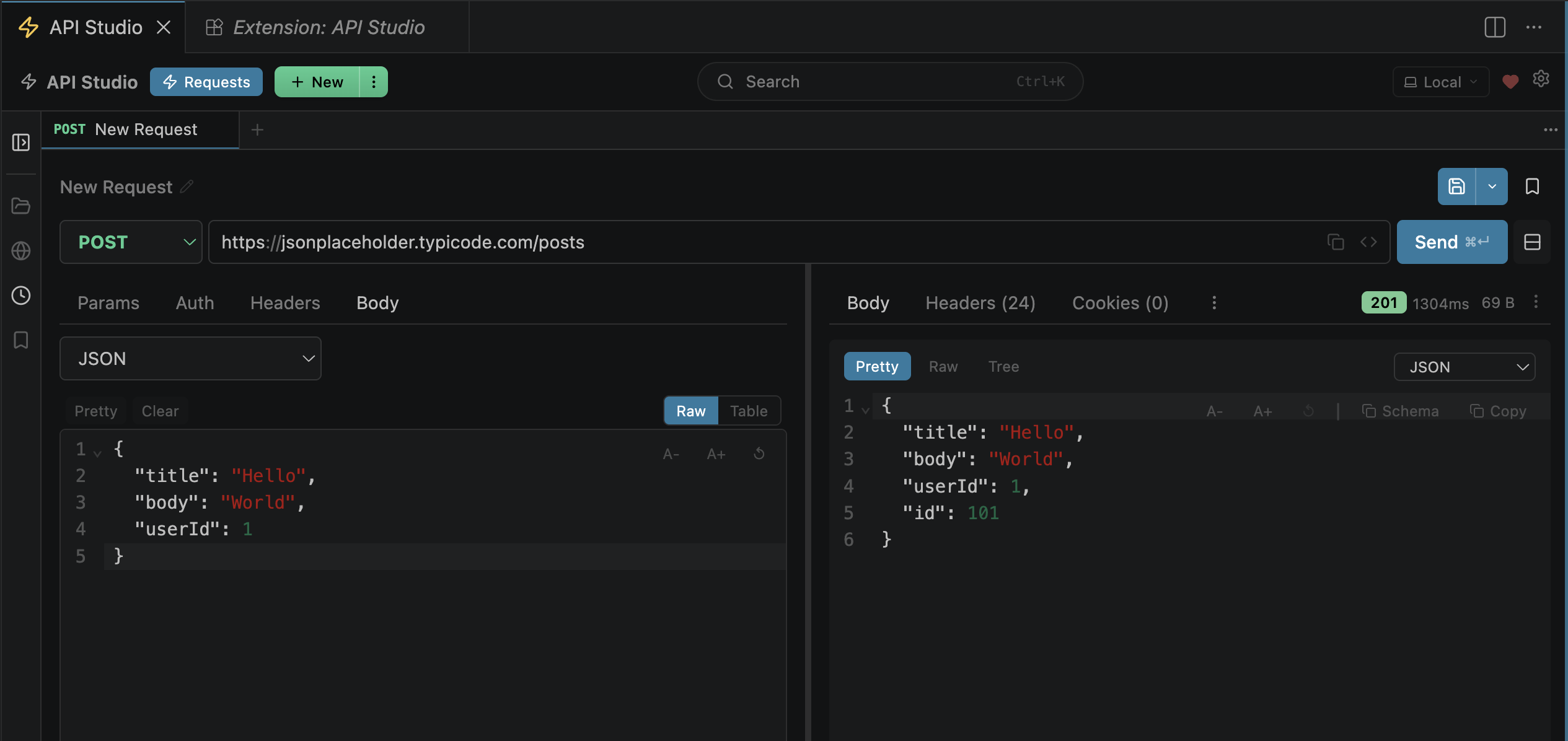 API Studio UI layout with request and response side by side